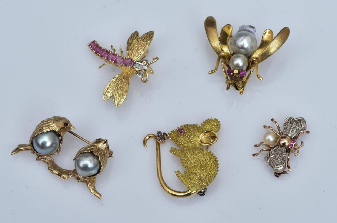 Five Gold Figural Bug and Animal Pins (1 of 1)