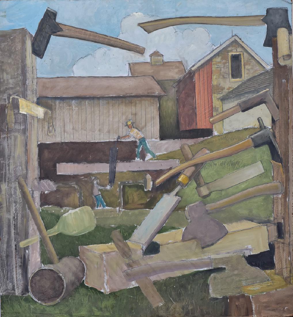 Eric Sloane: Woodworking 48" x 44" oil on masonite unsigned, possibly an unfinished work given to the present owner's husband who had built a barn for the artist