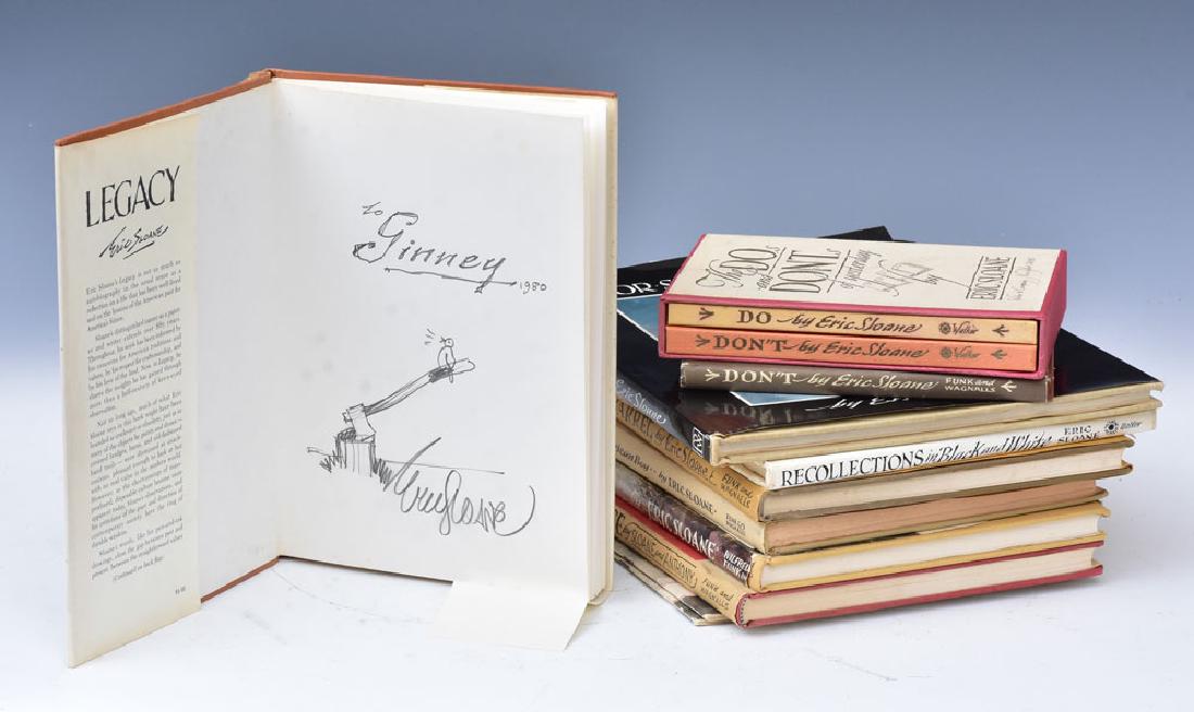 Eric Sloane Signed Books (10): including "For Spacious Skies", and "Legacy" with artist sketches on the front leaf. Together with two signed magazines