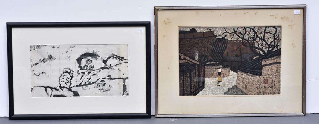 Kiyoshi Saito: 10 1/4" x 15" (image) woodprint along with contemporary print "This is a busy age in which we live" 8" x 14 1/2" (sight) unsigned