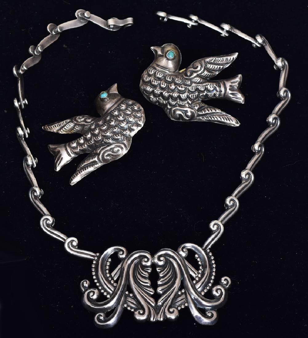 Mexican Sterling Silver Jewelry: Pair Matilde Poulat Earrings, Birds with turquoise eyes, 2" long together with Margot Van Voorhies necklace, 15 1/2" long both signed