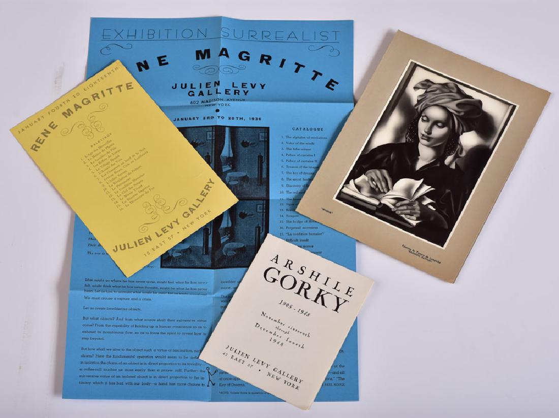 Julien Levy Gallery Exhibition Catalogues (4): Rene Magritte, Jan. 1936, 16" x 10 1/2", Rene Magritte, Jan. 1938, 8" x 5", Arshile Gorky, Nov. 1948, 5 1/2" x 4 1/2" and Tamara de Lempicka, April 1941 with tipped in photograph "Wisdom", 9" x 6 1/2"