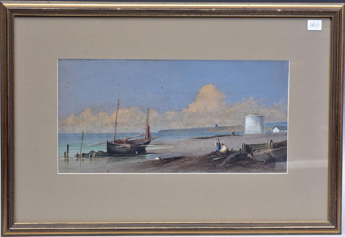 American School: Shore Scene With Boats And Figures 7" x 14" (sight) watercolor identified as H.J. Walker