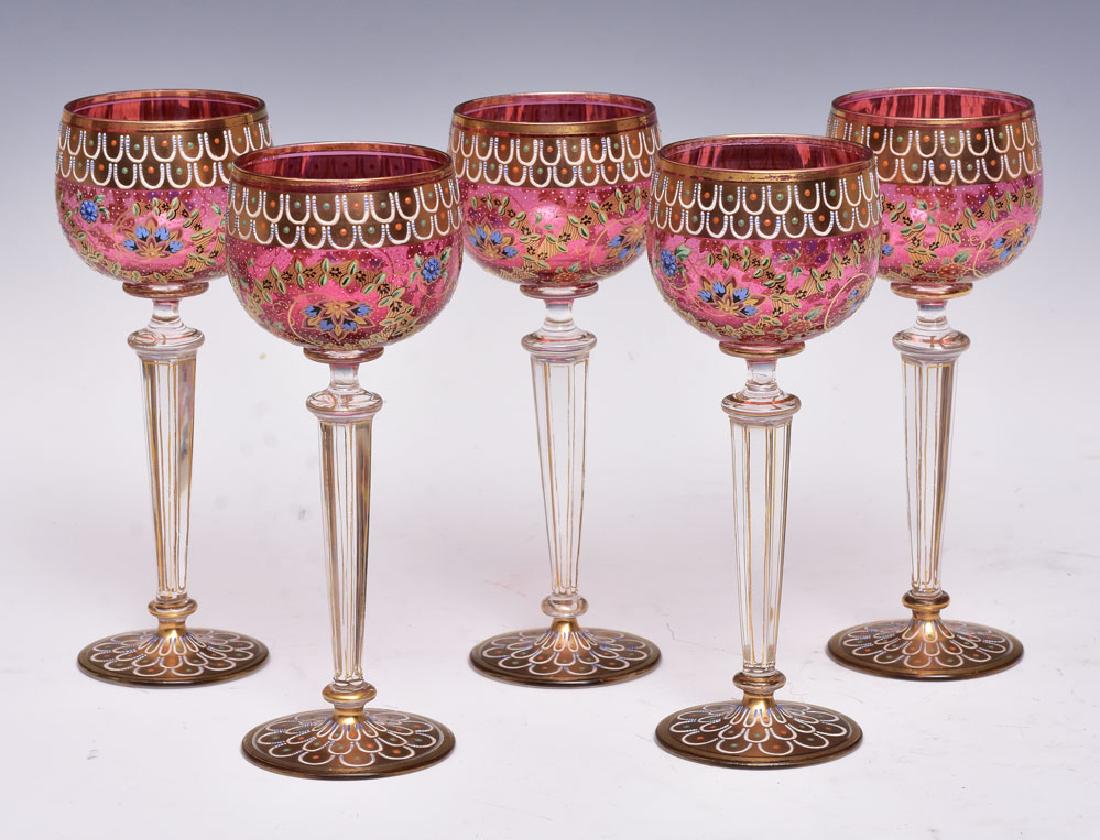 Set of Five Bohemian Wine Glasses: each 7 1/2" high
