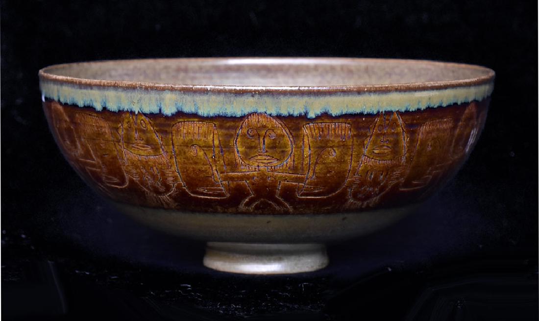 Edwin and Mary Scheier Studio Pottery Bowl: Incised sgraffito designs of figures 10" diameter, 4 3/8" high mid-20th century