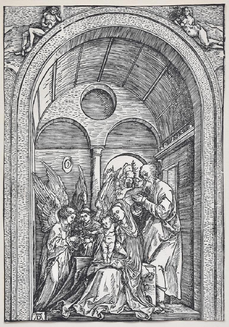 Albrecht Durer Woodcut: Holy Family In A Vaulted Chamber 8 1/2" x 6" (image) M. Knoedler & Co. label verso