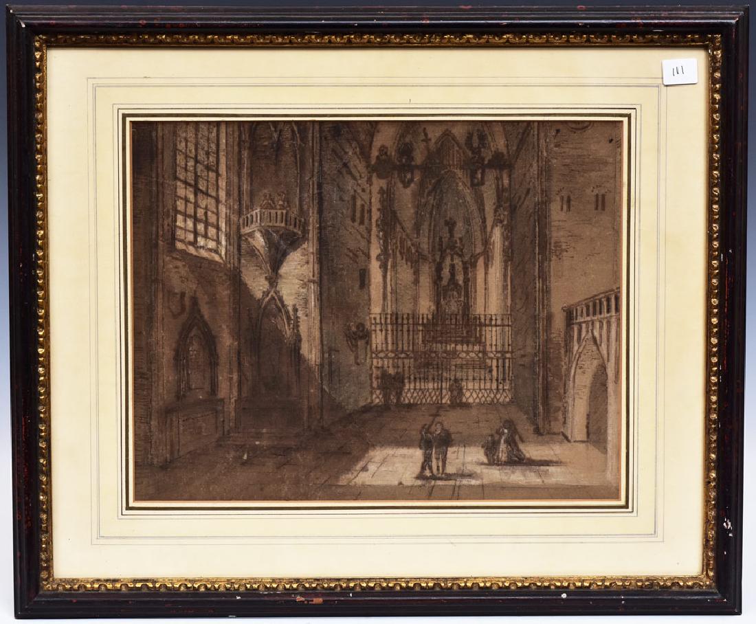 manner of Anton Gheringh: Cathedral 9 3/4" x 12 1/2" (sight) ink and arabesque probably 17th century