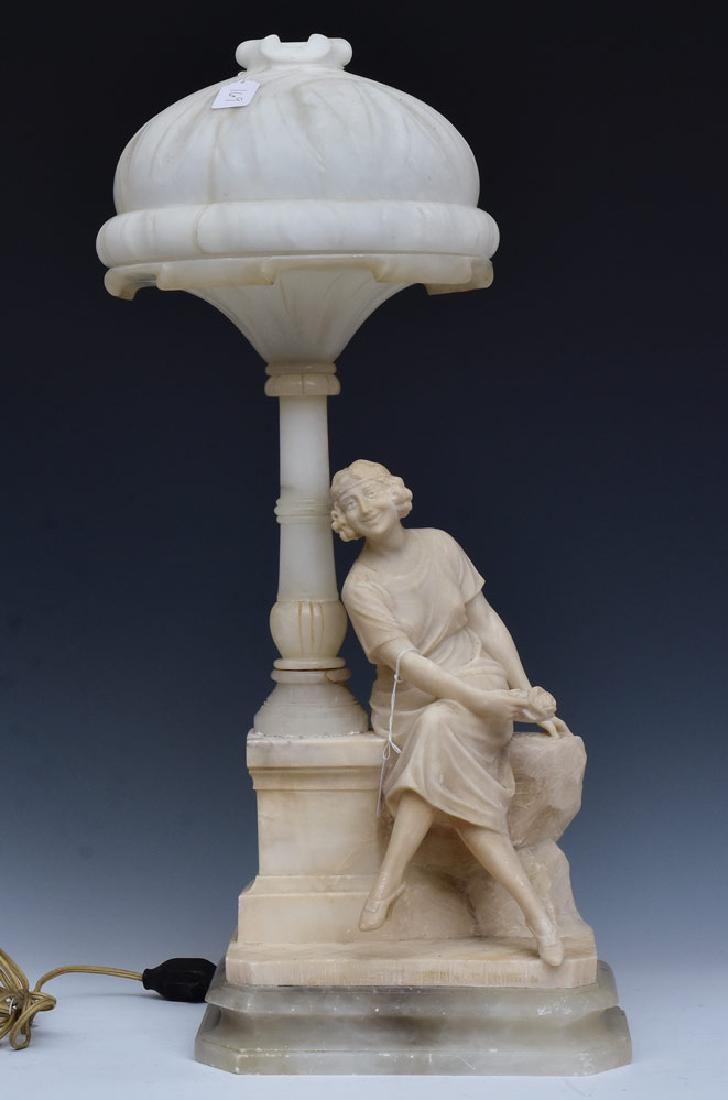 Alabaster Table Lamp: Young Woman with a Rose 28" high early 20th century