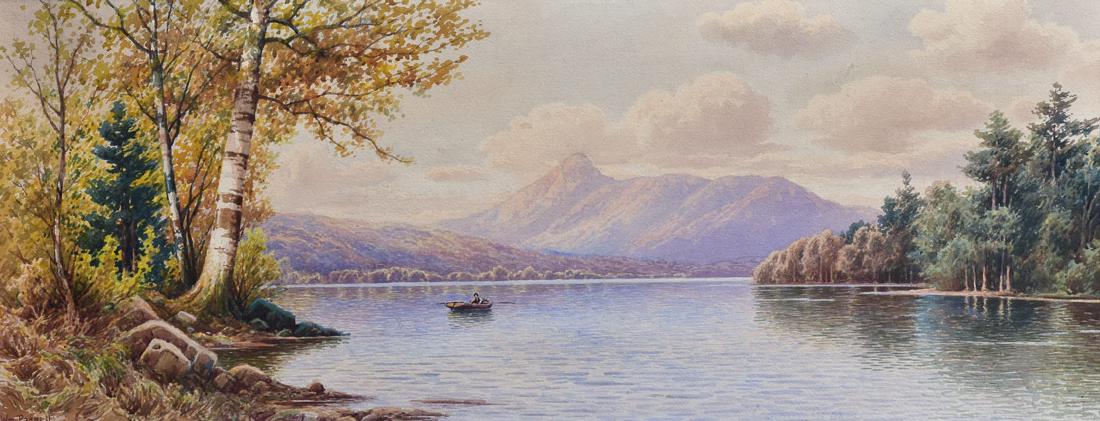 William Frederick Paskell: On The Lake 14" x 36 1/2" (sight) watercolor signed lower left