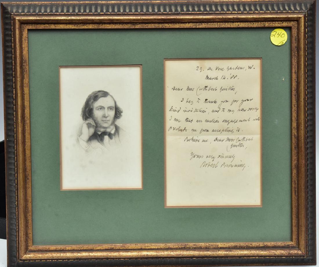 Robert Browning and Washington Irving Autographs: Browning letter 6 1/2" x 4" dated March 14, 1888 Irving card 2" x 4" dated January 6, 1858