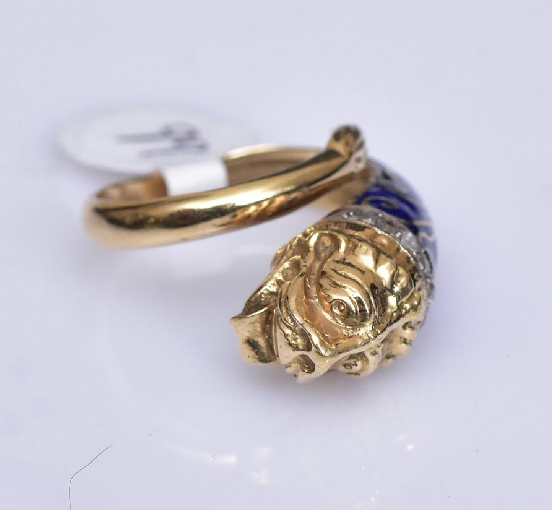 18k Gold Blue Enameled Lion Head Ring (1 of 2)