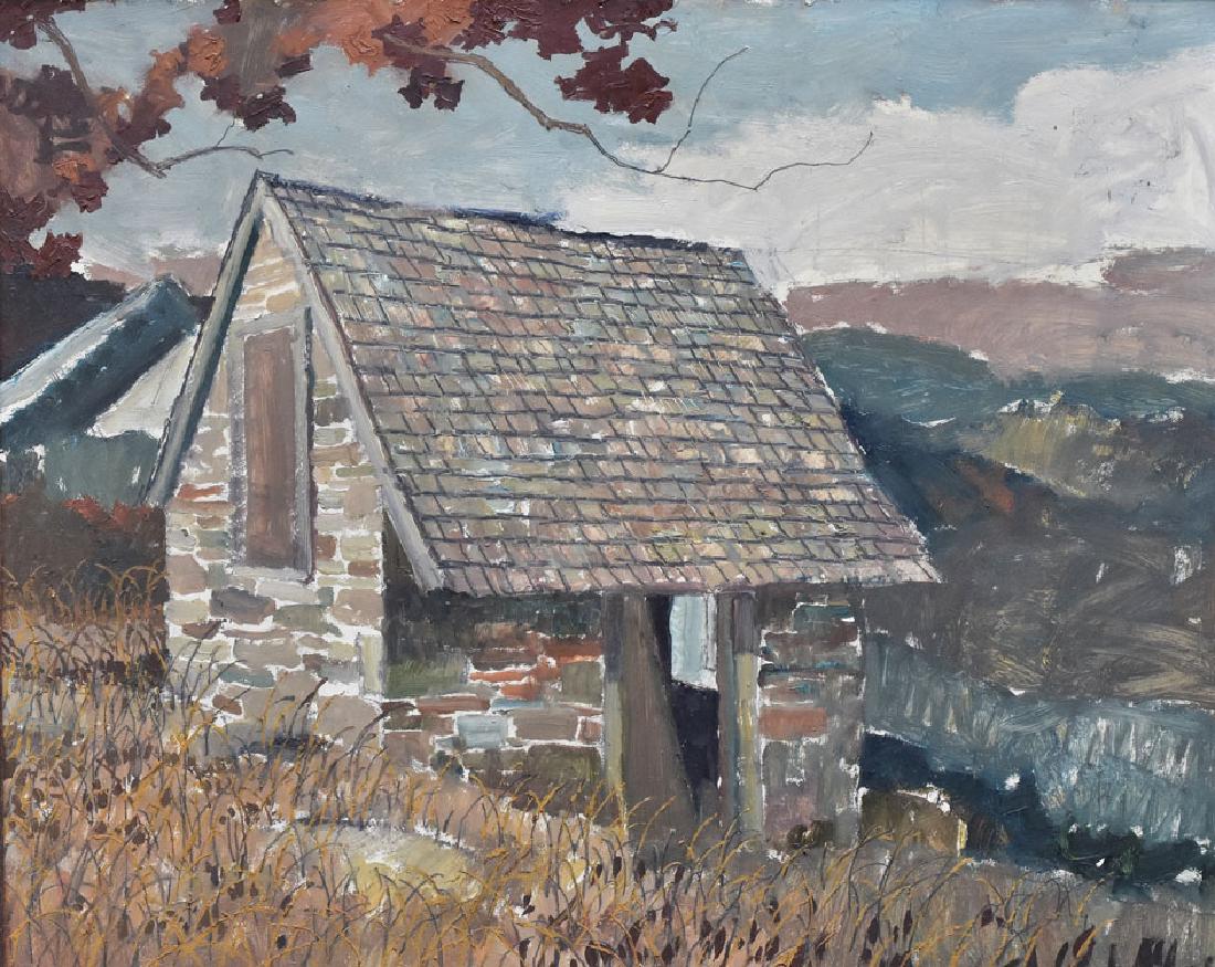 Eric Sloane: Stone Barn 24" x 30" oil on board signed and dated 1968 verso with title "unfinished sketch"