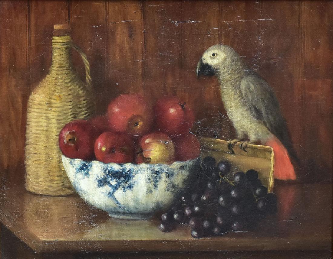 Continental School: Still Life With Parrot 16" x 20" oil on canvas unsigned