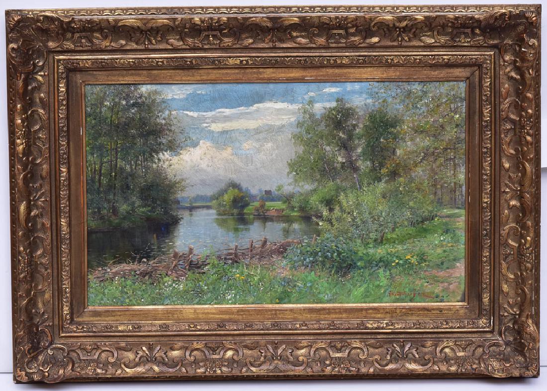 Franz Schreyer: River Landscape 12 1/2" x 20 1/2" oil on canvas signed lower right