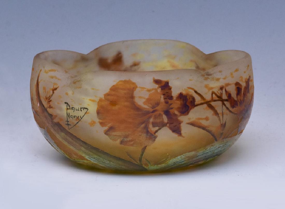 Daum Nancy Cameo Glass Bowl: decorated with orange iris and with pinched rim 4 3/4" diameter, 2 1/2" high early 20th century
