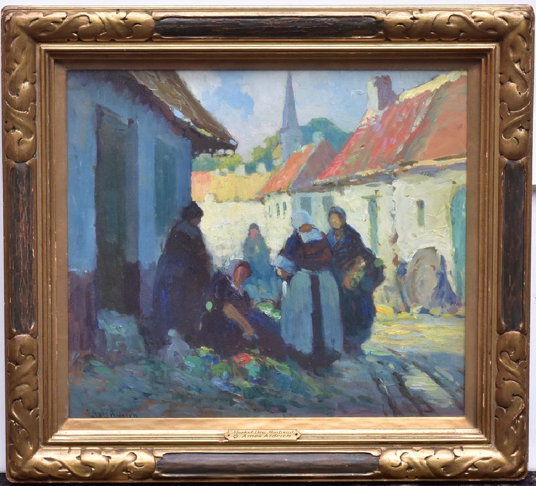 George Ames Aldrich: Market Day, Montreuil 14" x 16" oil on board signed lower left