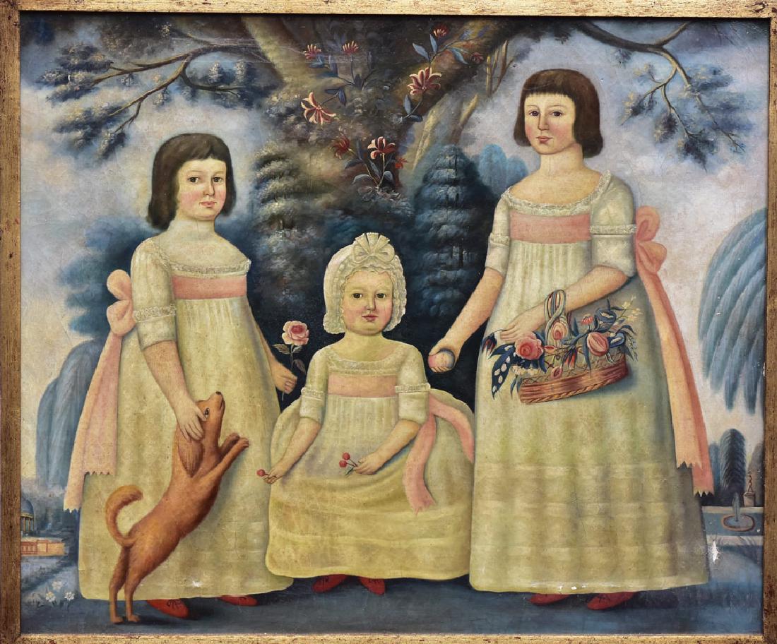 attributed to Trevor James: Portrait of Young Girls with Dog 30" x 36" oil on canvas unsigned