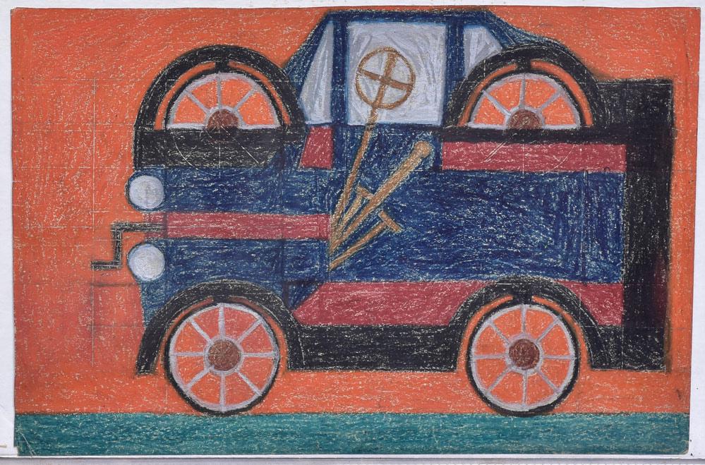 Eddie Arning: Truck 12" x 18" crayon on paper signed verso