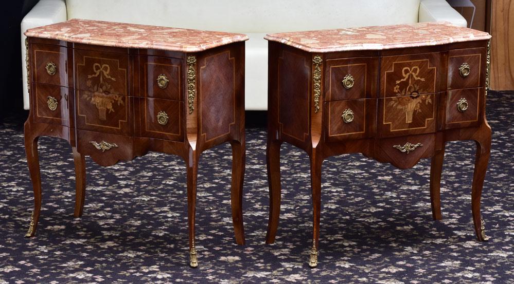 Pair of French Louis XV Style Commodes: with marble tops 31 1/2" tall 31" wide 14" deep