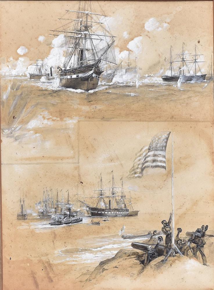Francis H. Schell: Illustration for Century Magazine Battle of the Union Fleet with Fort Walker and Beauregard 21" x 14" watercolor with arabesque with label verso