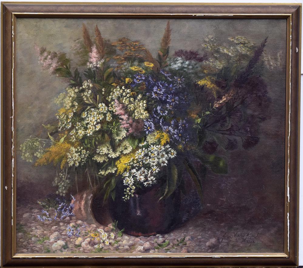 Harriet Winslow Hayden: Still Life With Flowers 28" x 32" oil on canvas signed and dated 1893 lower right