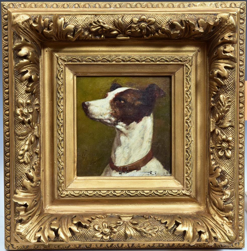 Continental School: Portrait Of A Whippet 7 1/4" x 7" oil on panel signed indistinctly lower left
