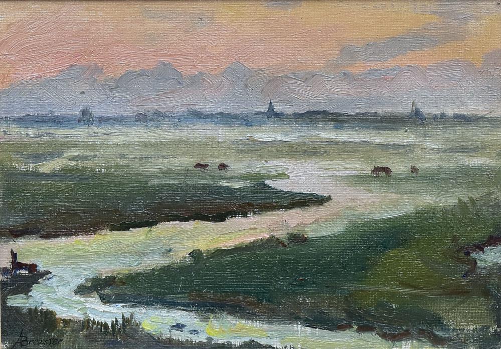 Anna Brewster: Landscape With River 5 1/2" x 7 1/2" oil on canvas signed lower left