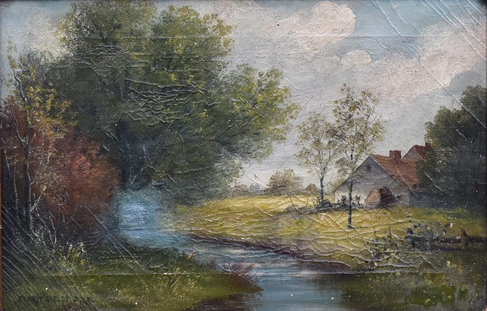 Ernest Albert: Landscape With Cottage 12" x 18" oil on canvas signed lower left