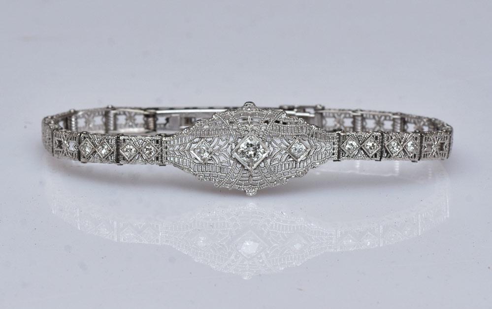 Edwardian 10k Gold Filigree Diamond Bracelet: 6 1/2" long, 5.4 dwt gross