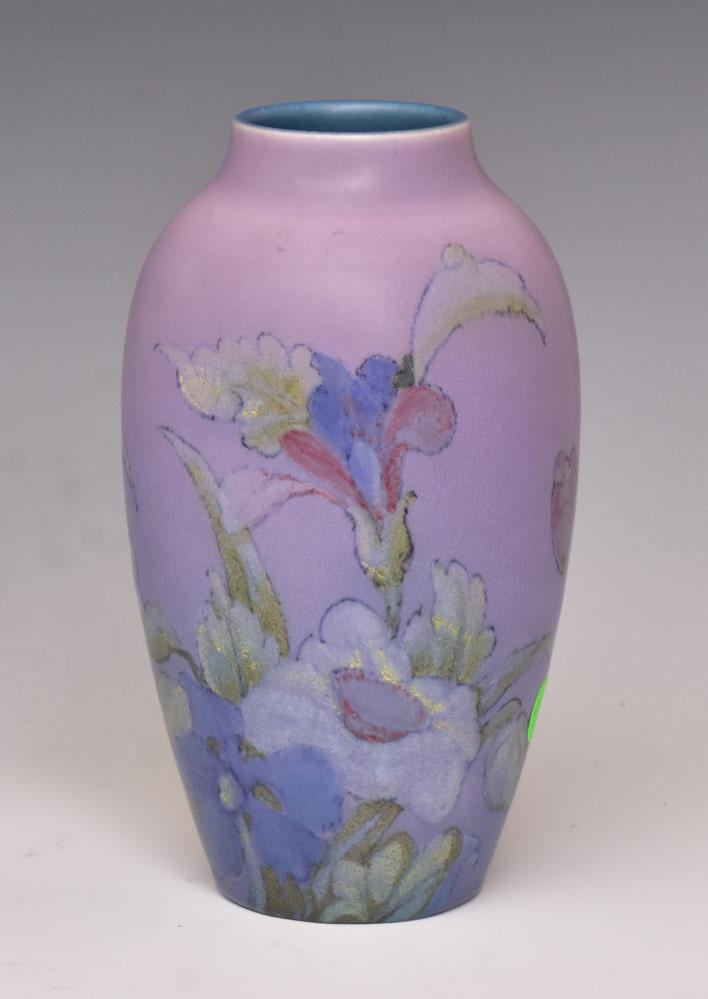Rookwood Art Pottery Vase: decorated by artist John Wesley Pulman pink decorated matte glaze with flowers 8 1/2" high signed and dated 1929