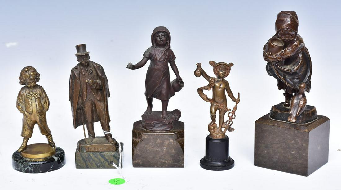 Group of Cabinet Bronzes (5): Girl with Water Jug and Gentleman with Cane both signed Schmidt-Felling. Hermes with Medical staff, Child with bird and Boy with vest all mounted on pedestals, largest 7 1/2" high overall
