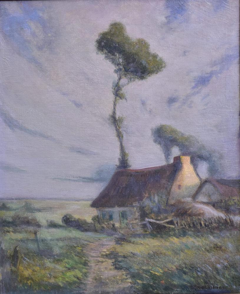 George Ames Aldrich: Figure by a Cottage 24" x 20" oil on canvas signed lower right