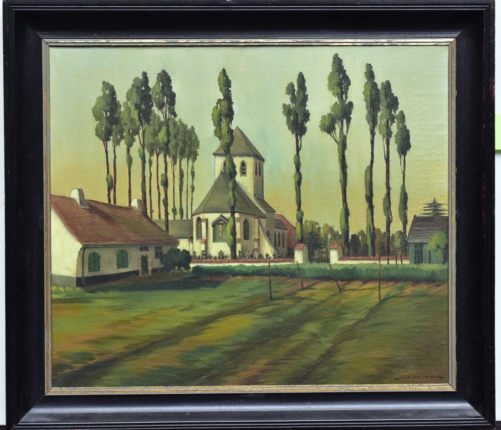 German School: Church Courtyard 23 3/4" x 27 3/4" oil on canvas signed indistinctly lower right