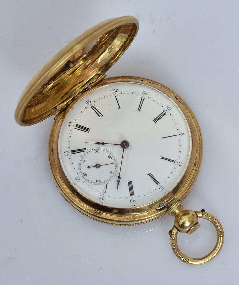18k Gold Henry Hoffman Pocket Watch: with embossed case, 40.5 mm diameter key wind, 34 dwt gross with a fitted box
