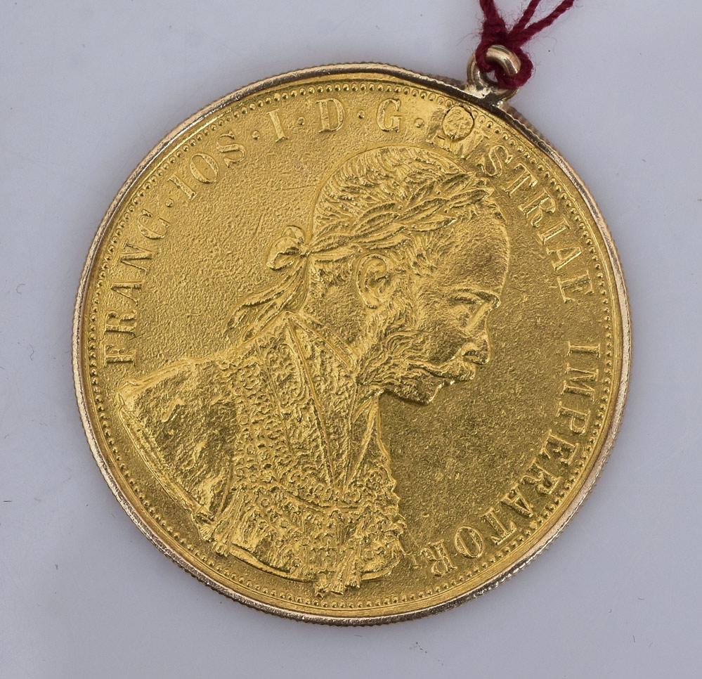 4 Ducats - Franz Joseph I Gold Coin: Austrian-Hungarian, 1915 mounted in a bezel, 9.8 dwt