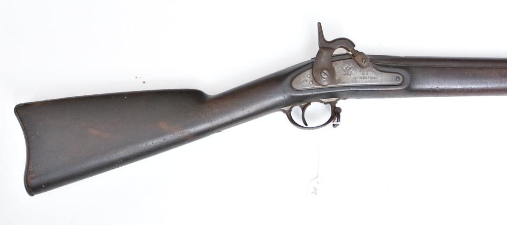 Springfield 1862 Civil War Musket: Model 1861 Rifle with bayonet 40" long barrel 55 1/4" long overallstamped 1862 on lock plate, hand etched by soldier 'True' on stock