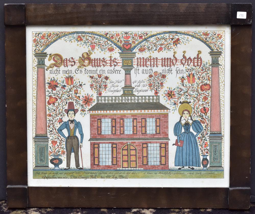 Dian Smoyer Knoll Fraktur: A Marriage Blessing 15 1/2" x 19 1/2 (sight) watercolor Pennsylvania Dutch contemporary