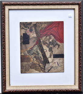 Addie Herder: Untitled With Red 14" x 12" mixed media collage signed lower left