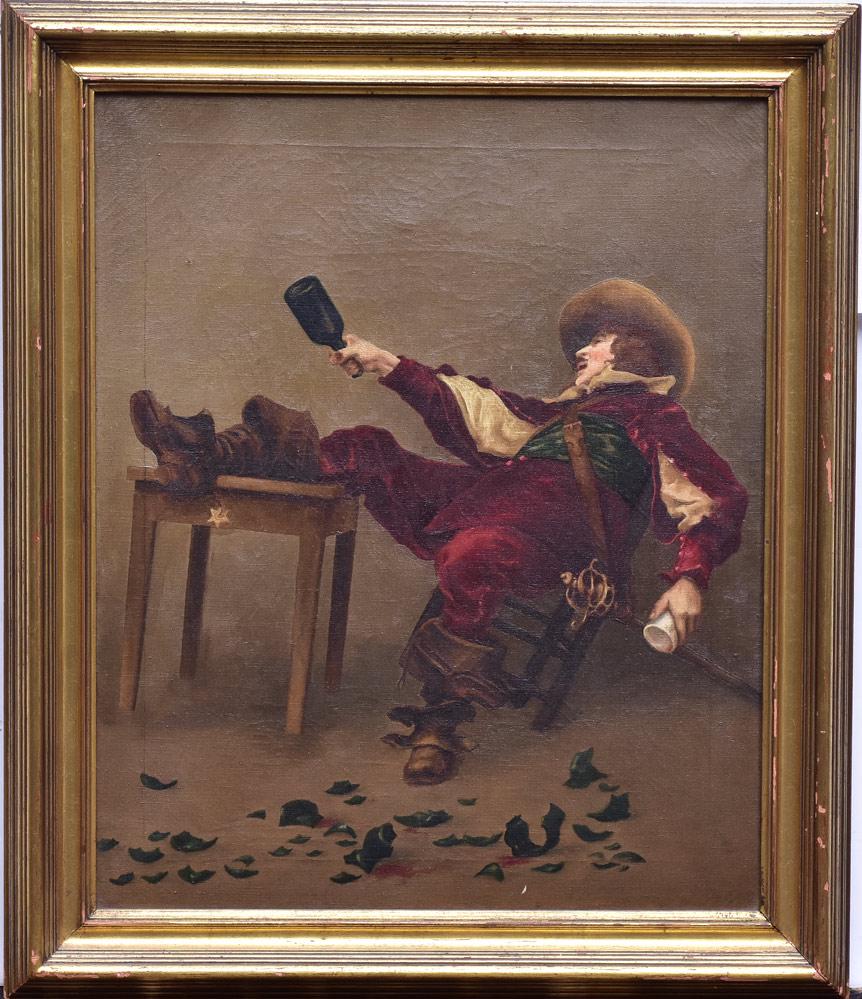 Continental School: Drunken Musketeer 22" x 18" oil on canvas unsigned