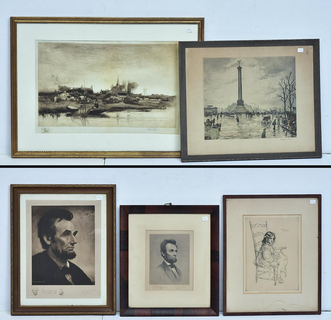 Group of Five Prints: including two images of Lincoln, one by Douglas Volk, other works by T.F. Simon and Stephen Parrish, largest 15" x 23" (sight)