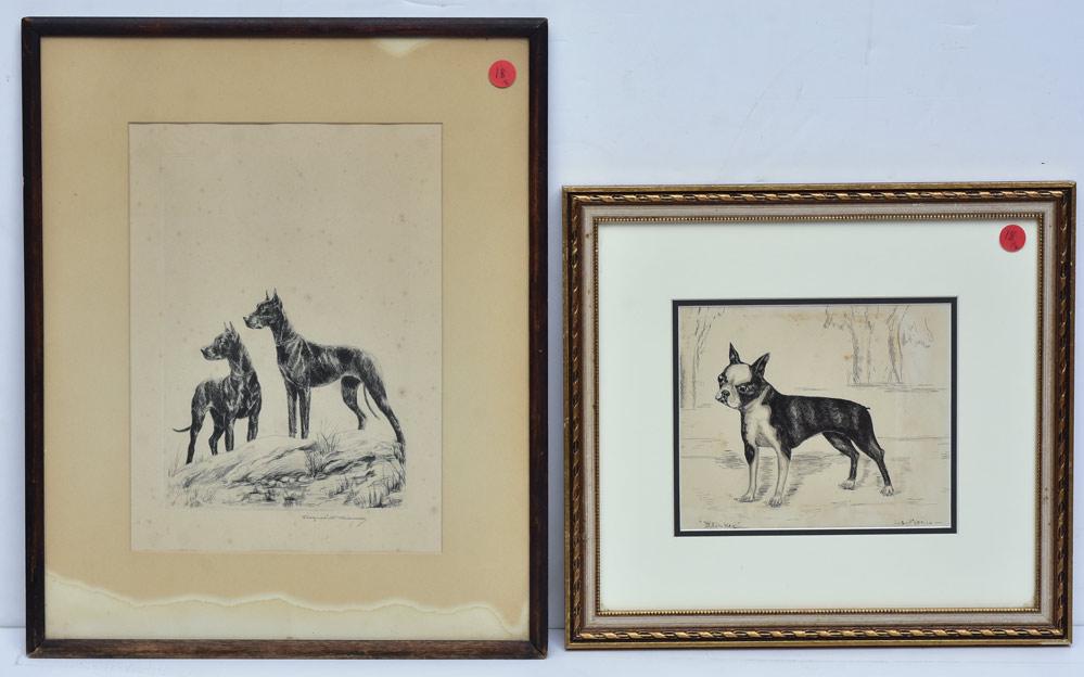 Marguerite Kirmse/Stephen Parrish: Royal Danes 9 3/4" x 6 3/4" (plate) dry point etching pencil signed lower right together with Stephen Parrish Blinkey6 1/2" x 7 1/2" (sight) ink drawing