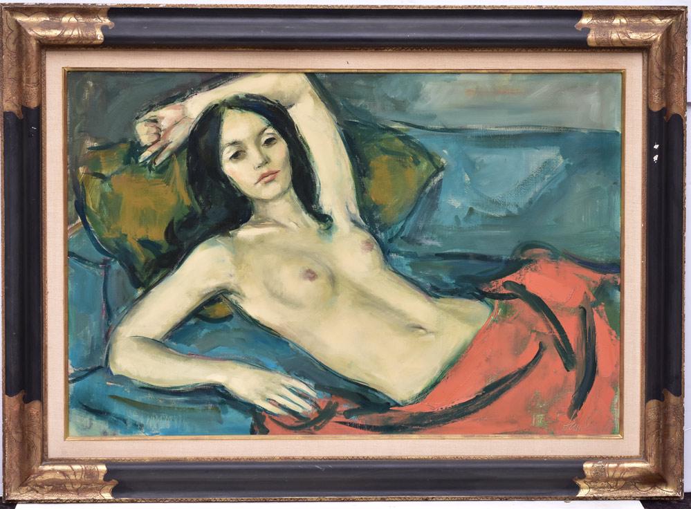 Dutch School: Reclining Female Nude 24" x 36"oil on canvas signed indistinctly lower right