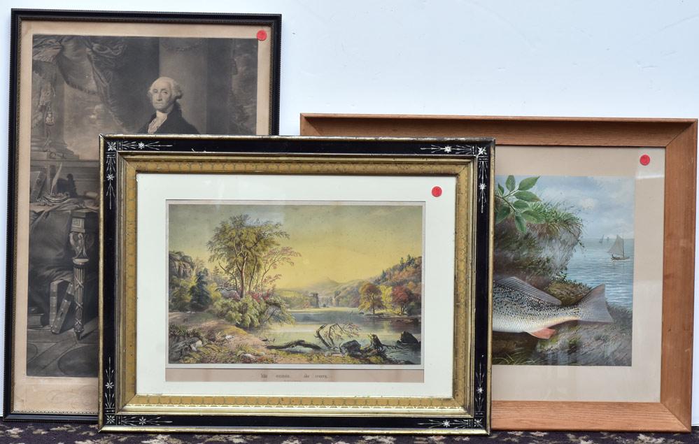 Three American Prints: "White Mountain Lake Scenery" after J. F. Cropsey 11 1/2" x 18 3/4" (sheet) chromolithograph, "Trout", by S. A. Kilbourne, 14" x 20 1/2" chromolithograph and "George Washington" after Gilbert Stuart