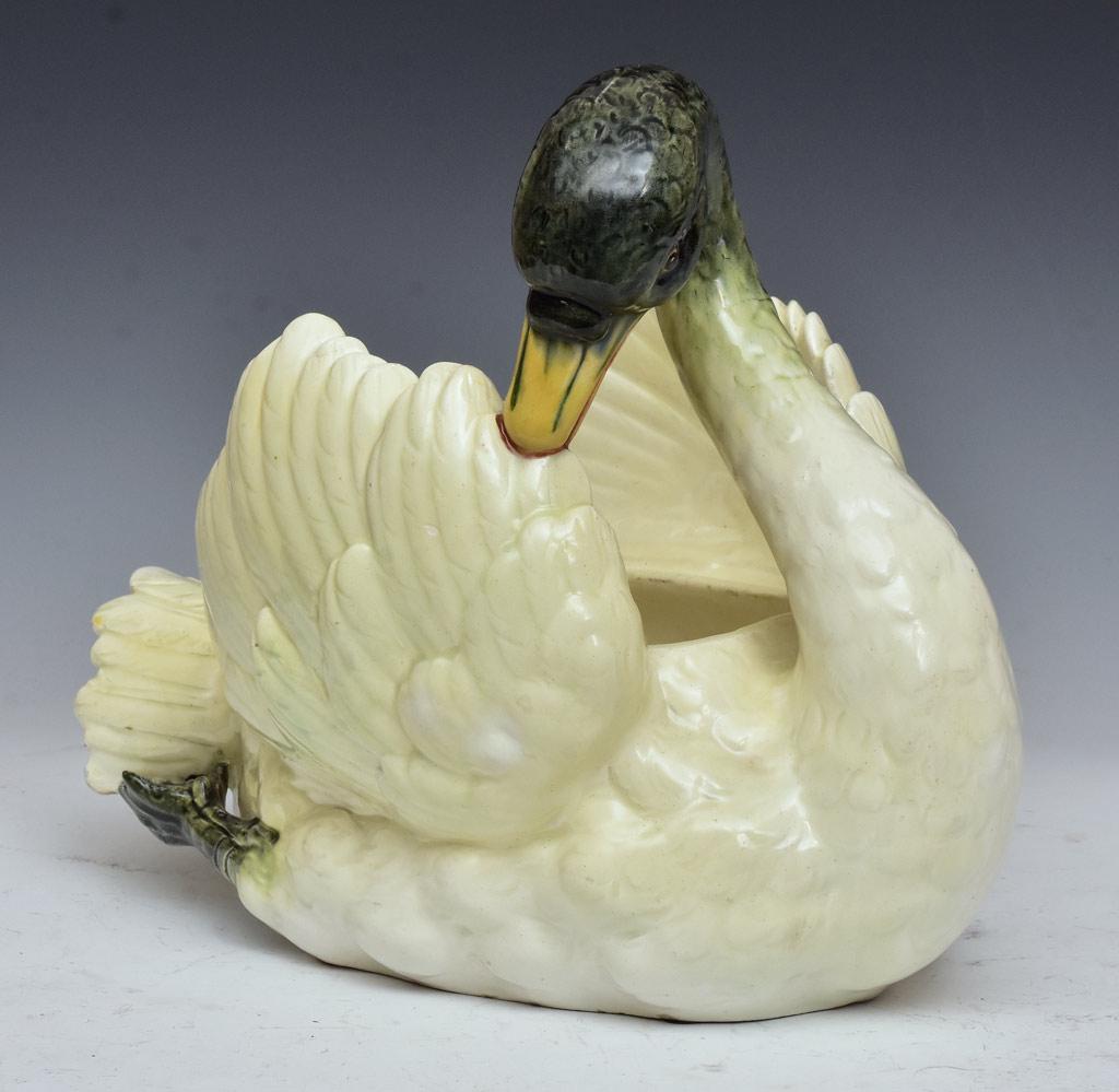 Jerome Massier Majolica Swan Jardinaire: 14" long, 11 1/2" high with Massier stamp