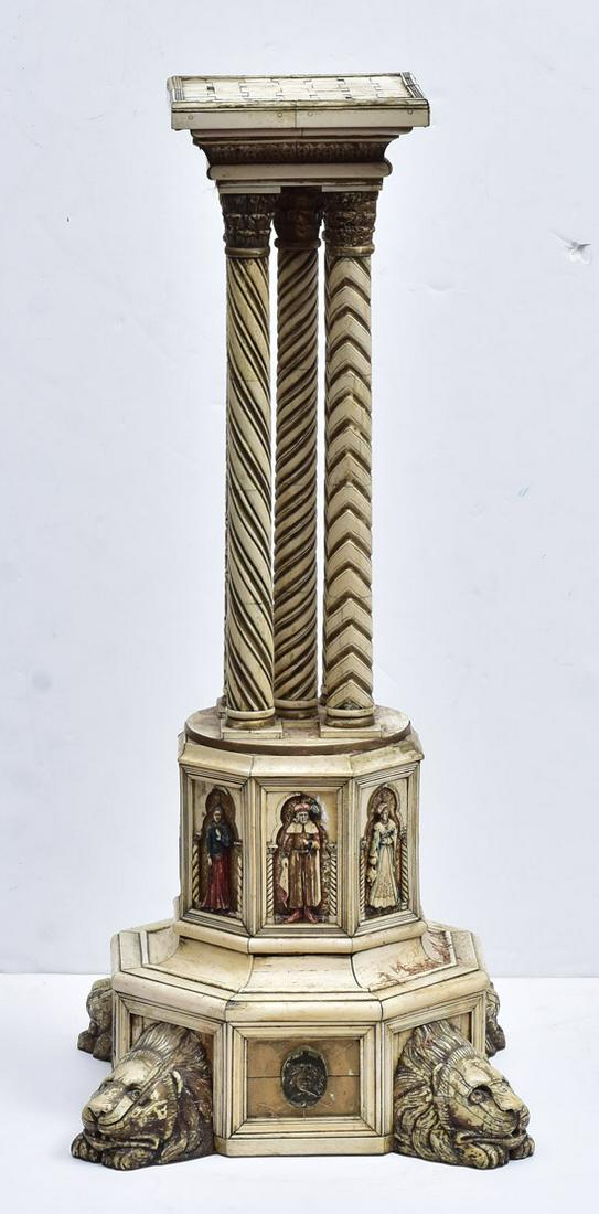 Italian Baroque Style Pedestal: wooden pedestal with bone veneer basket weave top, lion feet, carved columns with polychrome figures a bronze plate on the base 32 3/4" high,late 19th century Note: Cannot be shipped outside of the US