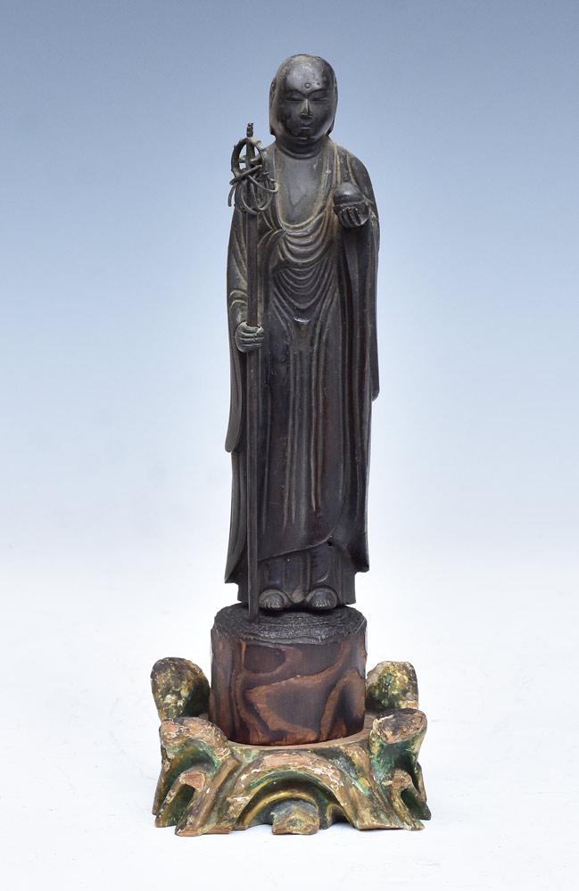 Japanese Bronze Buddhist Figure with Staff: 7 3/4" high figure, 10 1/2" high overall with stand
