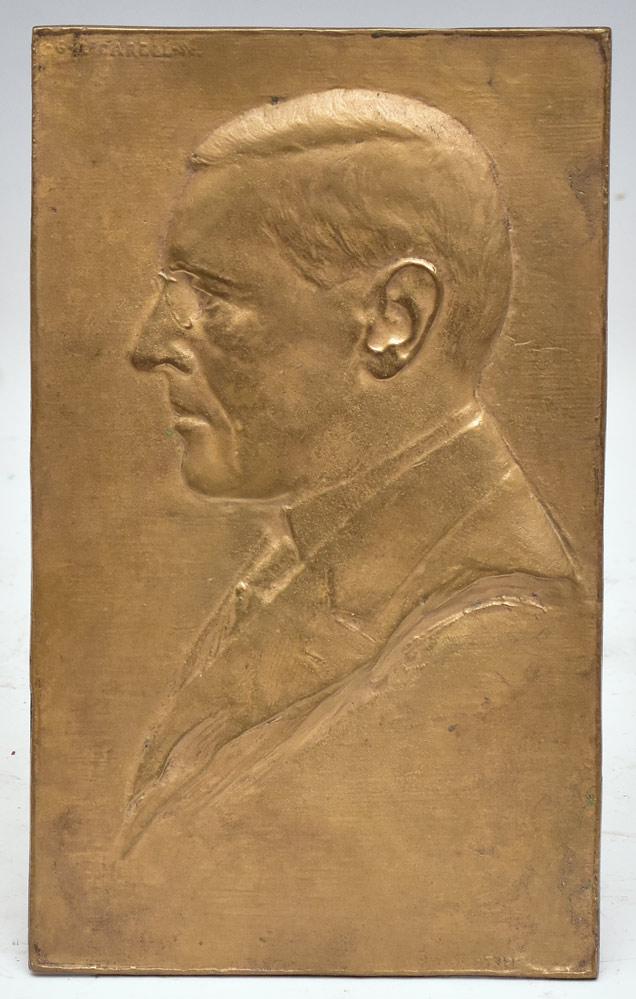 Bronze Plaque of President Woodrow Wilson: 8 1/4" x 5" stamped "G. I. Carell" upper left "Copyright 1918" lower right