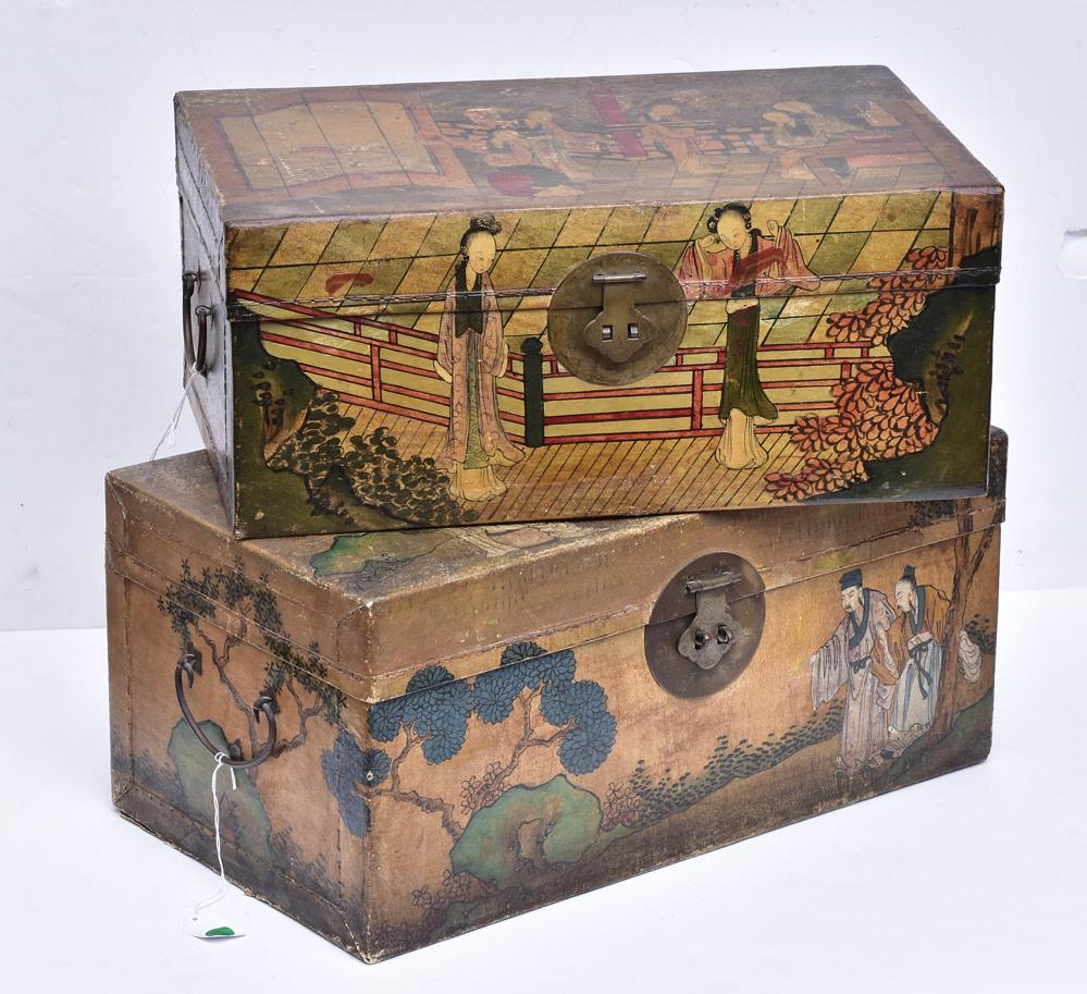 Two Chinese Pig Skin Painted Wooden Trunks (1 of 3)