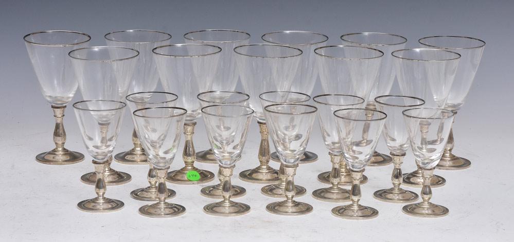Gorham Sterling Silver and Crystal Wine Glasses: Lenox crystal with weighted sterling silver bases 5 3/8" high (#1287) and 7 1/8" high (#1285) set of 22 glasses