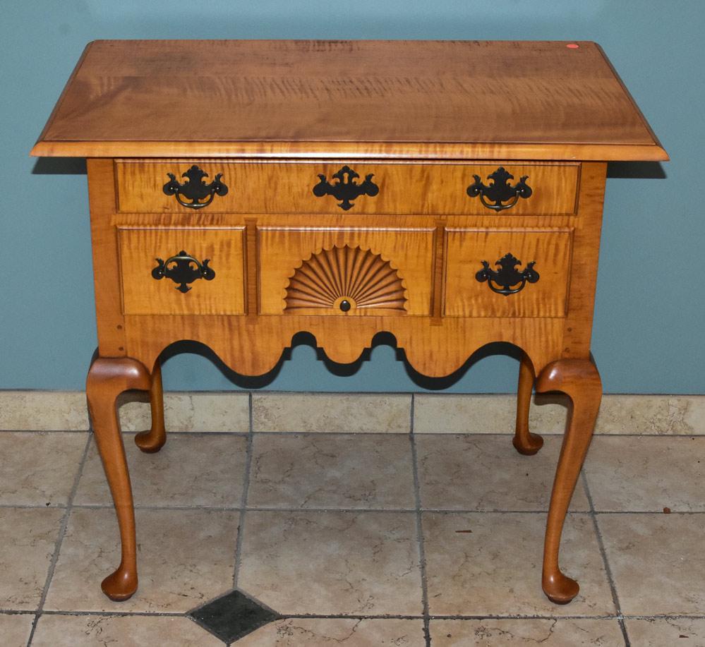 Eldred Wheeler Lowboy: figured maple with fan carved drawer 33" x 20 3/4", 31" high late 20th century